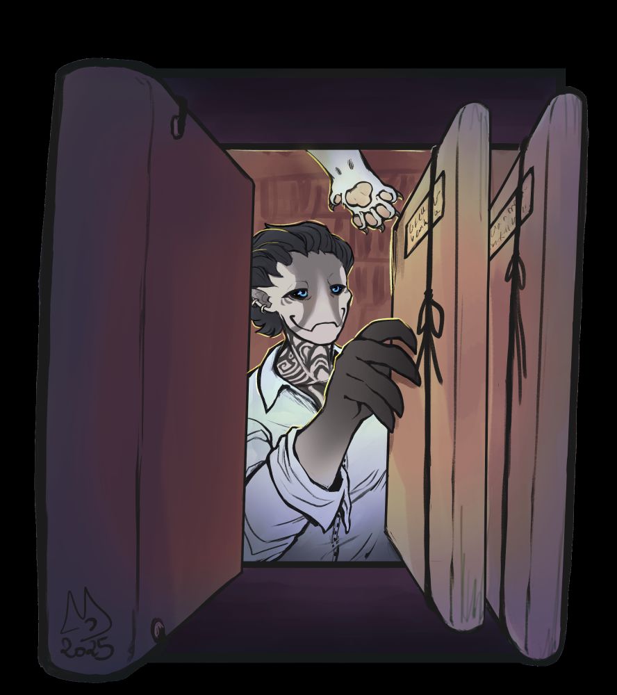 A simple colored bust illustration for Art Fight. Our point of view is on a shelf under some perfectly stacked document folders, one of those is getting put away by a humanoid creature with gray skin, dark combed hair, soft smile and kind blue eyes. She's holding the folder with a black and clawed hand, from our frontal perspective we can see she have a detailed tattoo on her neck and upper chest and a less dark natural markings on her face. Atop of us on another shelf we can see a cat paw peeking out, reaching for the folder. 