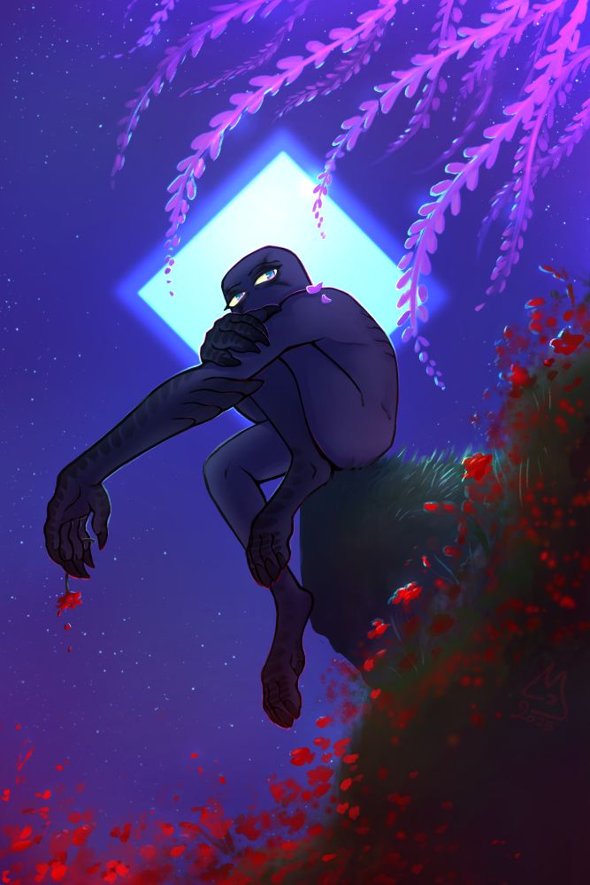 A saturated colored character illustration for Art Fight. A bright starred night with a full diamond-shaped moon, on the front of it there's a dark greyish figure with long limbs and a squared head. Endy the enderman is sitting crawled up on a little cliff, on leg dangling out, his head half hidden into his arms, we can see his thoughtful green melancholic eyes scruting us and around him. From the top right bright pink vines swing in the wind around him, another cliff is filling up the right and bottom part of the illustration, it's covered in little red Flowers. Both vines and flowers symbolizing different part of Endy's life. In his left hand between two fingers he's lazyly holding one of the flowers. His silhouette is lined of red and pink highlights, as his eyes shine in the dark. The dominat colors are the pink vines, the blue sky and the red of the flowers.