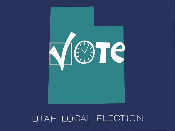 The word "Vote" stylized with the state of Utah forming the 'O' and a clock face inside, with "Utah Local Election" below.