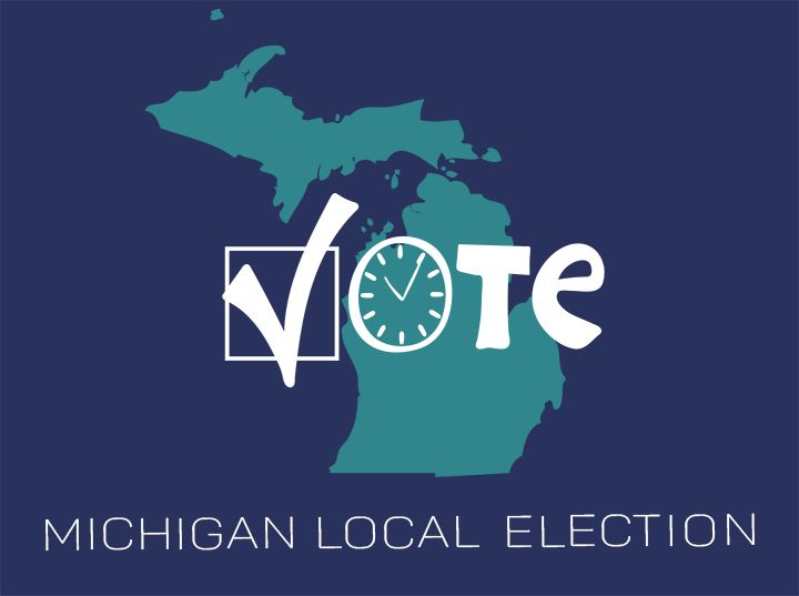 Map of Michigan with the word "Vote," incorporating a checkmark and clock, symbolizing the Michigan local election.