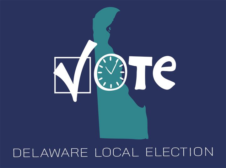 The word "Vote" stylized with the state of Delaware forming the 'O' and a clock face inside, with "Delaware Local Election" below.