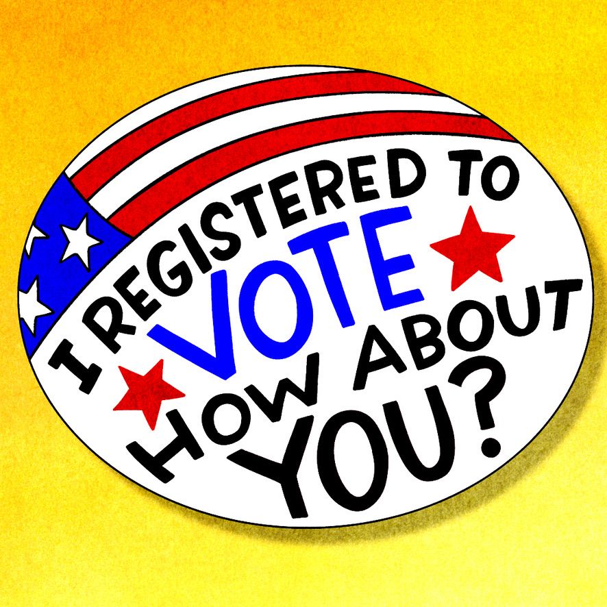 Sticker with an American flag motif reads, "I registered to vote, how about you?" in bold letters, encouraging voter registration.
