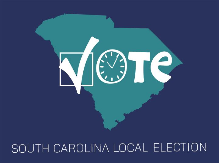 Map of South Carolina with the word "VOTE" and a checkmark inside a square, alongside a clock. Text below reads "South Carolina Local Election".