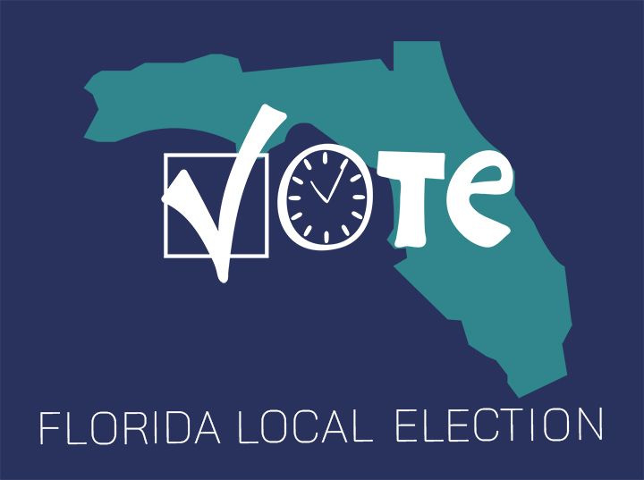Map of Florida with the word "Vote" featuring a clock as the "o", and "Florida Local Election" text below.
