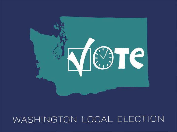 The word "Vote" stylized with the state of Washington forming the 'O' and a clock face inside, with "Washington Local Election" below.