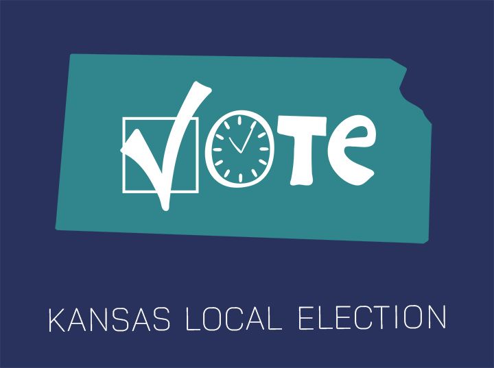 "Vote in Kansas Local Election" with a clock inside the letter 'O', suggesting urgency or a time-related aspect.