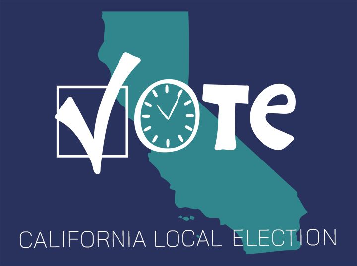 Vote logo with a checkmark and clock over a teal California map on a dark blue background. Text: 