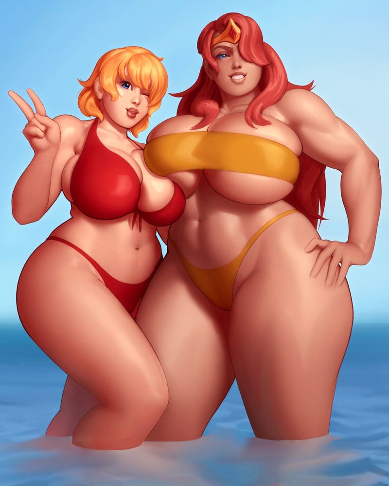 Madonna (in a red bikini) and Katella the huntress (in a gold swimsuit) from Sonic the Hedgehog, take a photo of their beach trip