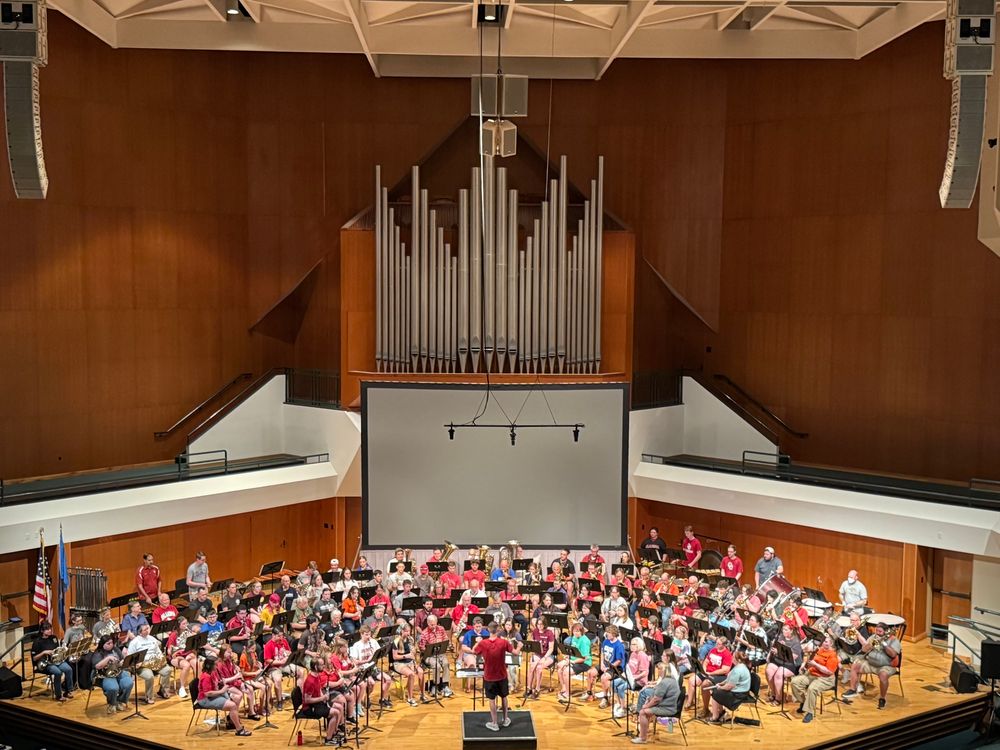 an orchestra is on a stage. in the background is organ pipes and deep brown walls