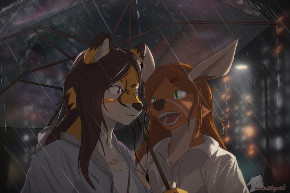 it is a rainy night, Carrie and Reed under an umbrella listening to song looking at each other.