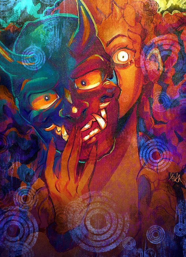 A close-up of Onsta holding an oni mask over her face, covering most of it. A single, supernaturally lit eye is visible, as well as a hint of her own oni horns emerging from her forehead. The image is dotted with several swirls and stains. 