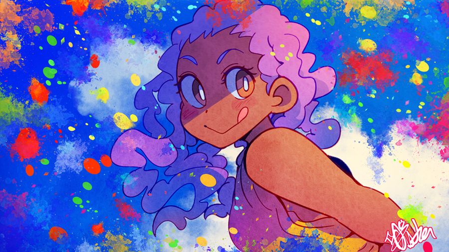 Onsta against a summery blue sky, the piece covered in paint splatters and splotches!!