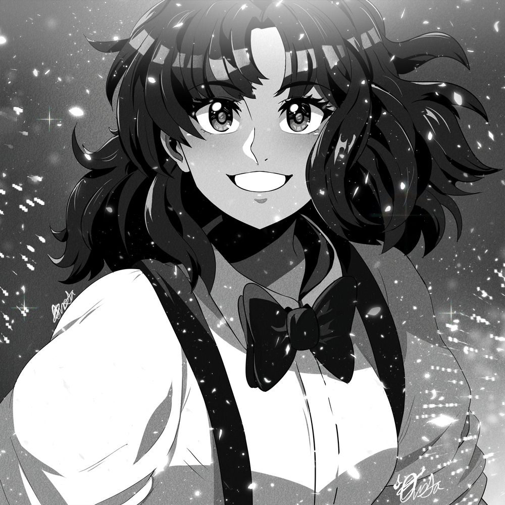 A redraw illustration of Mariya Takeuchi's Plastic Love album cover. It shows a young Mariya in a white shirt, black bowtie, and suspenders smiling at the camera in greyscale.