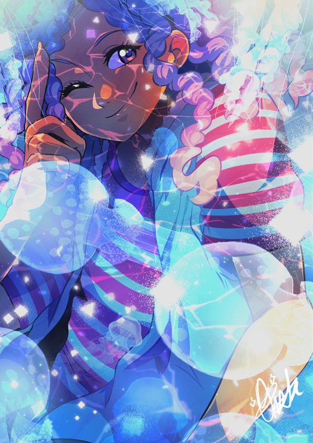 An illustration of Onsta with underwater reflections, jellyfish, and white sparkles of light overlaid on top!
