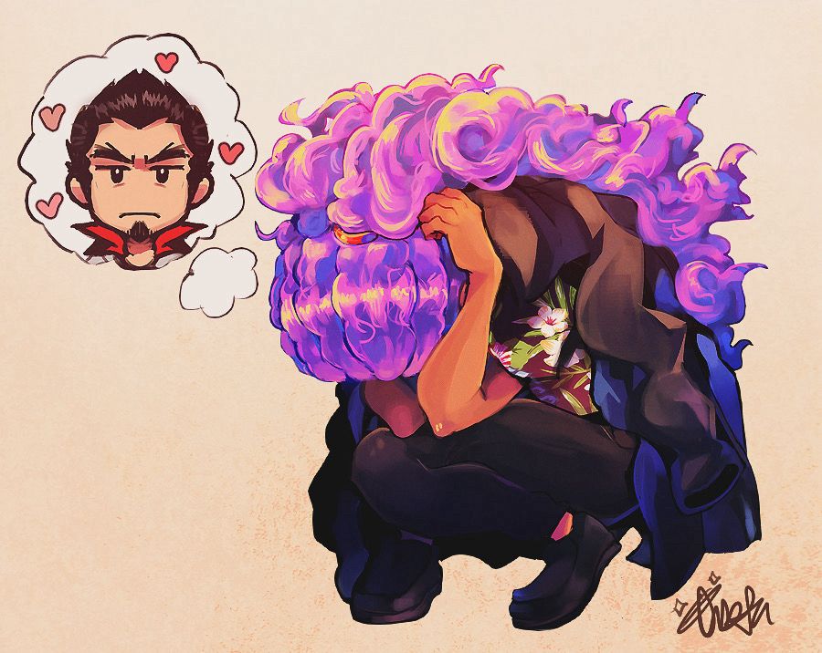 A Black girl with purple hair in a Hawaiian shirt and black suit (AKA Timeskip Onsta) crouched and having a Moment thinking about her wife (Kiryu. my wife)