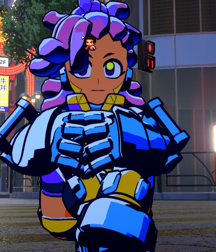 Robo Onsta sitting and hugging her knees on the ground in Kamurocho. Kiryu Cursor returns!