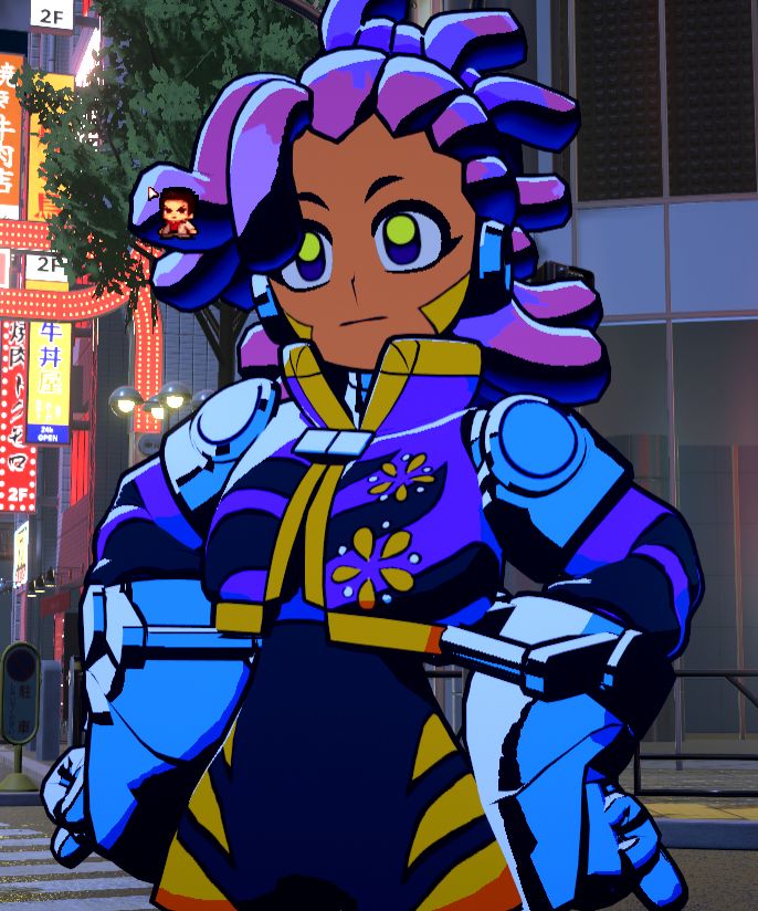 Robo-Onsta standing in Kamurocho with her hands on her hips, observing something. Kiryu Cursor is there!