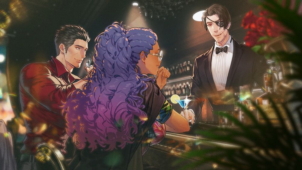 A cozy scene of Kiryu and Timeskip Onsta relaxing in a secluded bar, being served by Lord of the Night Majima. Kiryu looks over at Majima fondly as Onsta looks intrigued by the blue drink being served.
