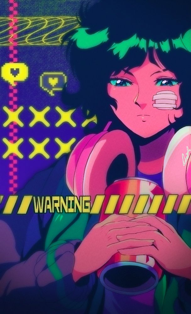 A retro anime styled illustration inspired by chelmico's song, "Meidaimae". The illustration depicts a melancholy girl with black hair and green eyes, looking down while holding a red soda can. She's wearing a black and green varsity jacket and a purple shirt. There's various yellow sparkles and squiggles against a purple background, along with a pink checkerboard line going down. 