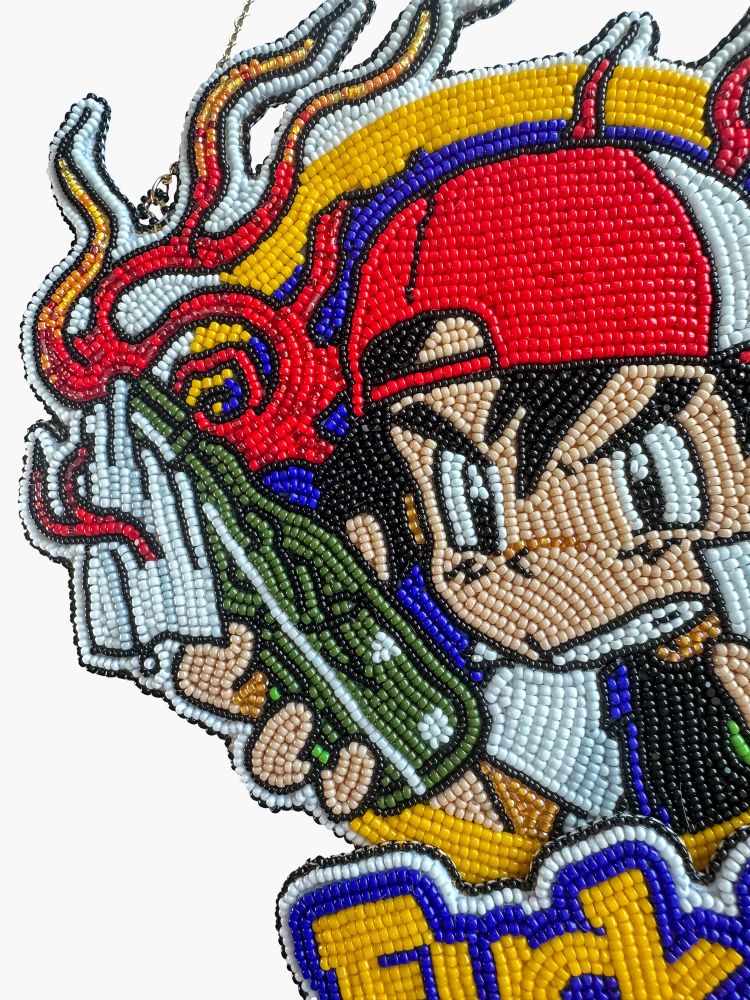 details of a large wall hanging beaded art piece of ash ketchum from pokemon holding a molotov cocktail, with fuck ice text on a secondary layer 