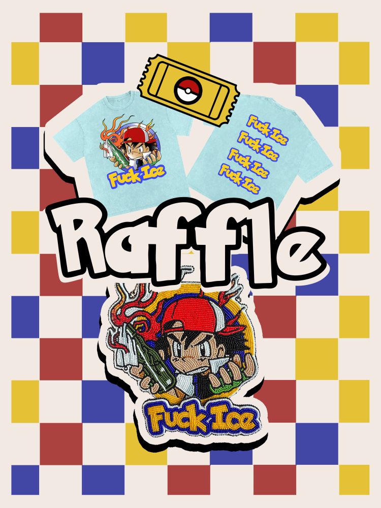 a promo flyer for a raffle featuring a t-shirt and native american beaded art piece of ash ketchum with a molotov cocktail that reads fuck ice 