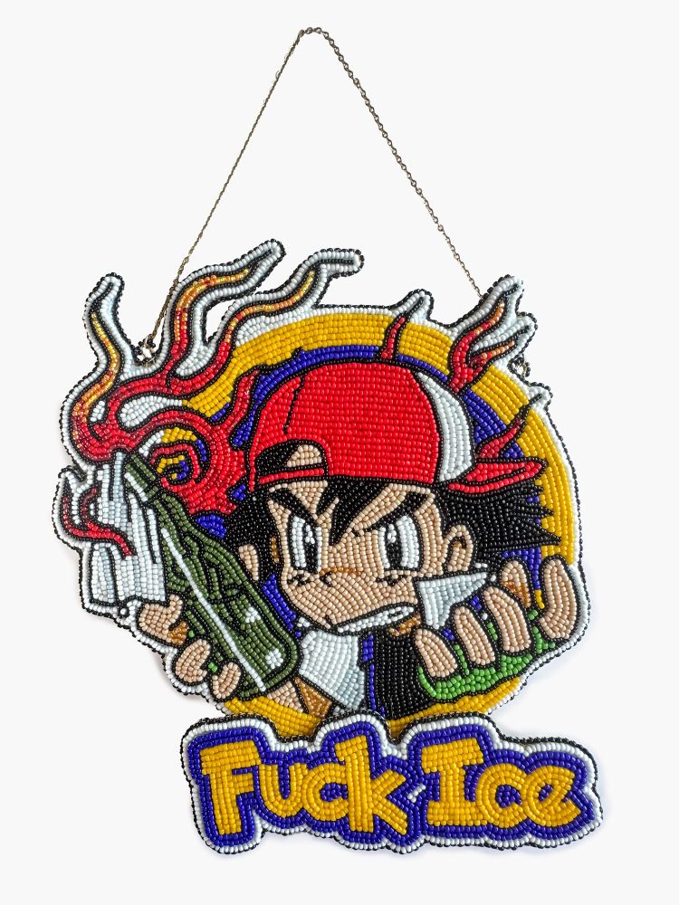 a large wall hanging beaded art piece of ash ketchum from pokemon holding a molotov cocktail, with fuck ice text on a secondary layer 