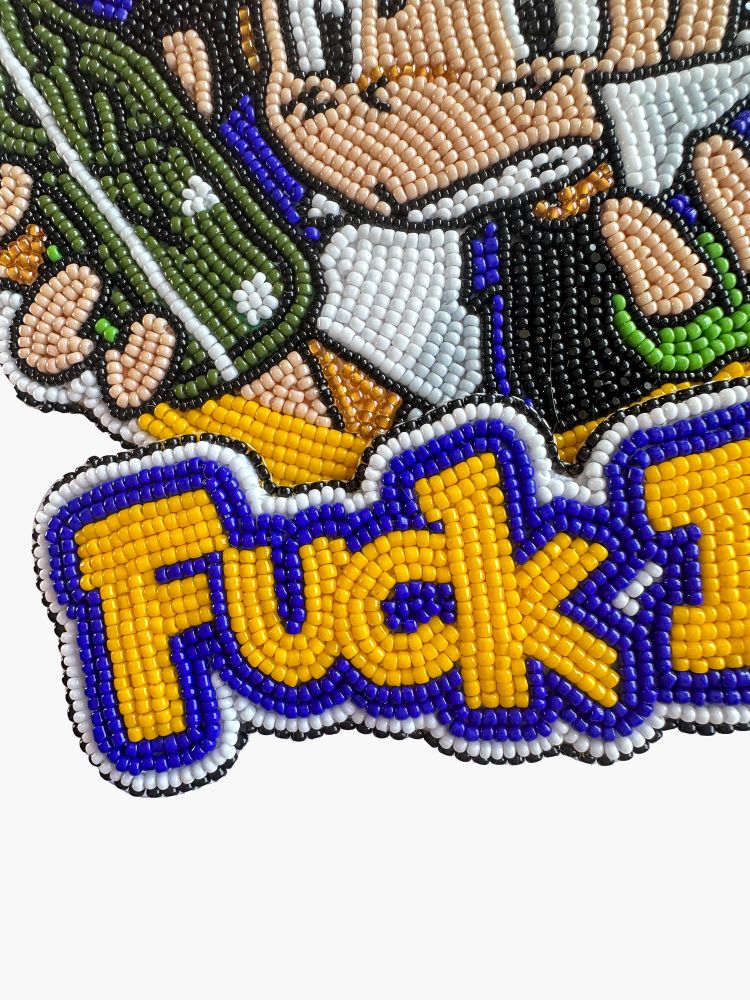details of a large wall hanging beaded art piece of ash ketchum from pokemon holding a molotov cocktail, with fuck ice text on a secondary layer 