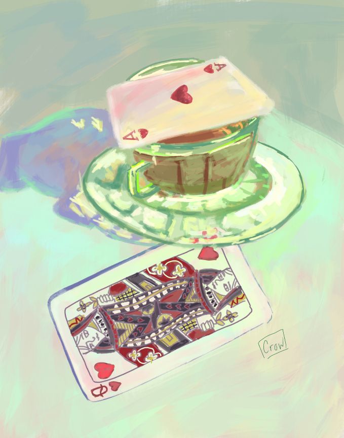 A painting of a glass cup of tea with the ace of hearts on top and a queen of hearts in front #stilllife #foodpainting #tea #art