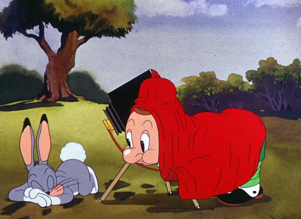 Elmer Fudd preparing to take a photo of proto-Bugs.