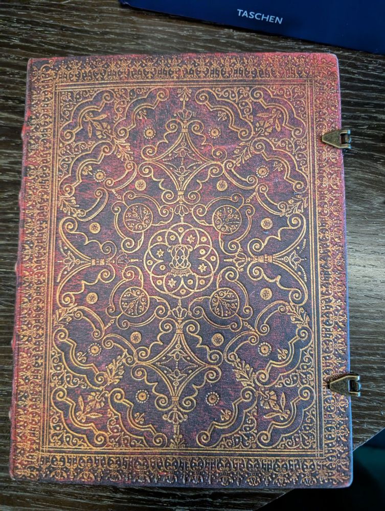 A paperblanks notebook with clasps and golden scrollwork on the embossed cover. There are small gouges on the surface from a cat's claws