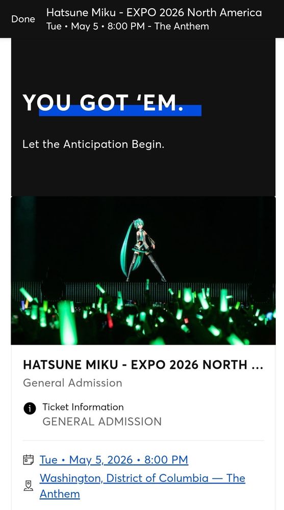 Confirmation page for tickets to Miku Expo 2026 in D.C.