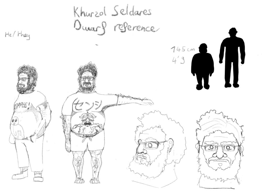 Reference sheet for Khurzol Seldares, clothed. He's 1 metre 45 or 4'9, wears glasses has scruffy hair and beard and a bunch of body hair. He's also pretty round. He's wearing a Senshi (dungeon meshi) shirt on one drawing and a tbh yippee creature shirt on the other one.