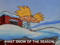 Hey Arnold gif of Arnold on his roof exclaiming "first snow of the season!"