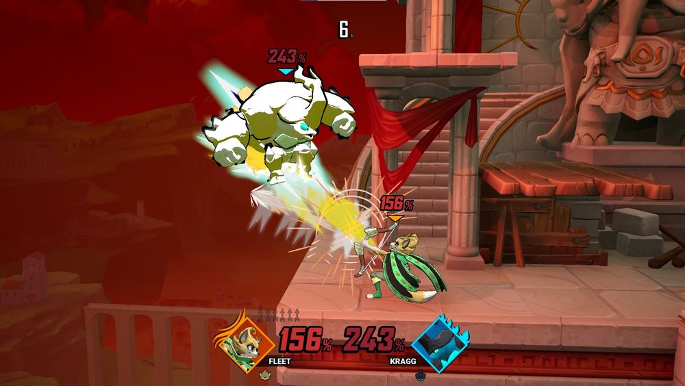 A Rivals of Aether II screenshot in which Player 1, the Fleet, is backthrowing a Kragg on Fire Capital while the Kragg is at 243%. There's six seconds left on the in-game clock, and the Kragg is looking about as shocked as I am that I got this win.
