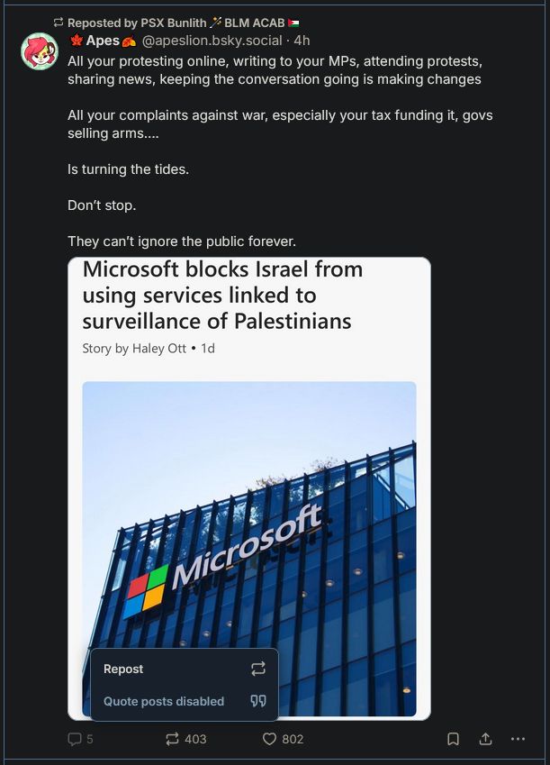 Bluesky user Apes is posting a screenshot of a news headline without a link to the article or even the news site's name, and the post has replies and QTs disabled so that mindless RTs and Likes are the only ways to interact with it unless you're in OP's little club.