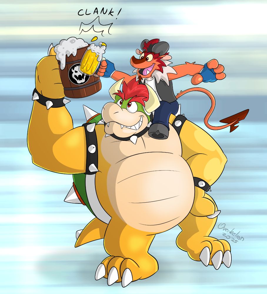 Kelion and Bowser clashing their beer jars