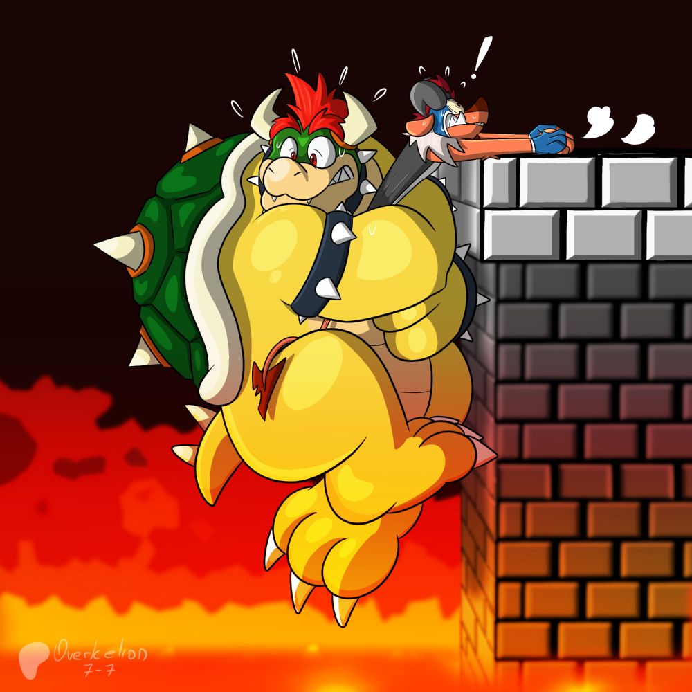 Bowser and Kelion hanging on top of a lava well, Bowser hangs from Kelion while the second barely holds from the edge.