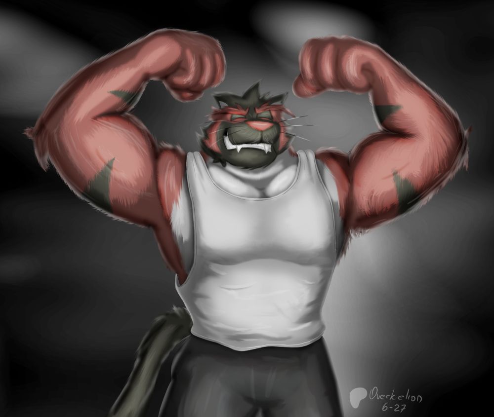 Vince, the Tiger, wearing a tanktop, flexing his biceps