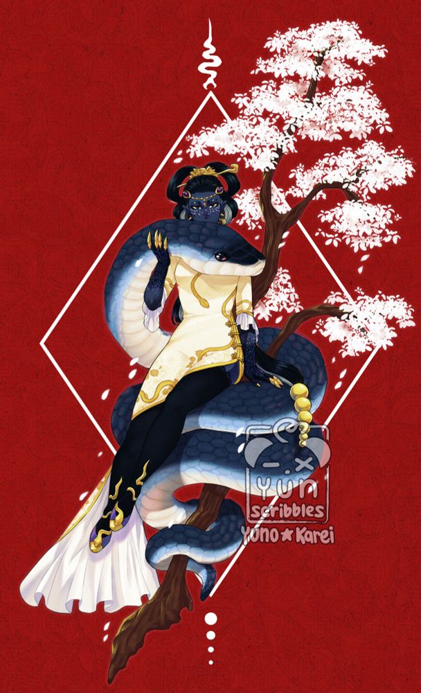 My oc Pyka in a qipao sits on top of a blue racer snake that is wrapped around a small rootless tree
