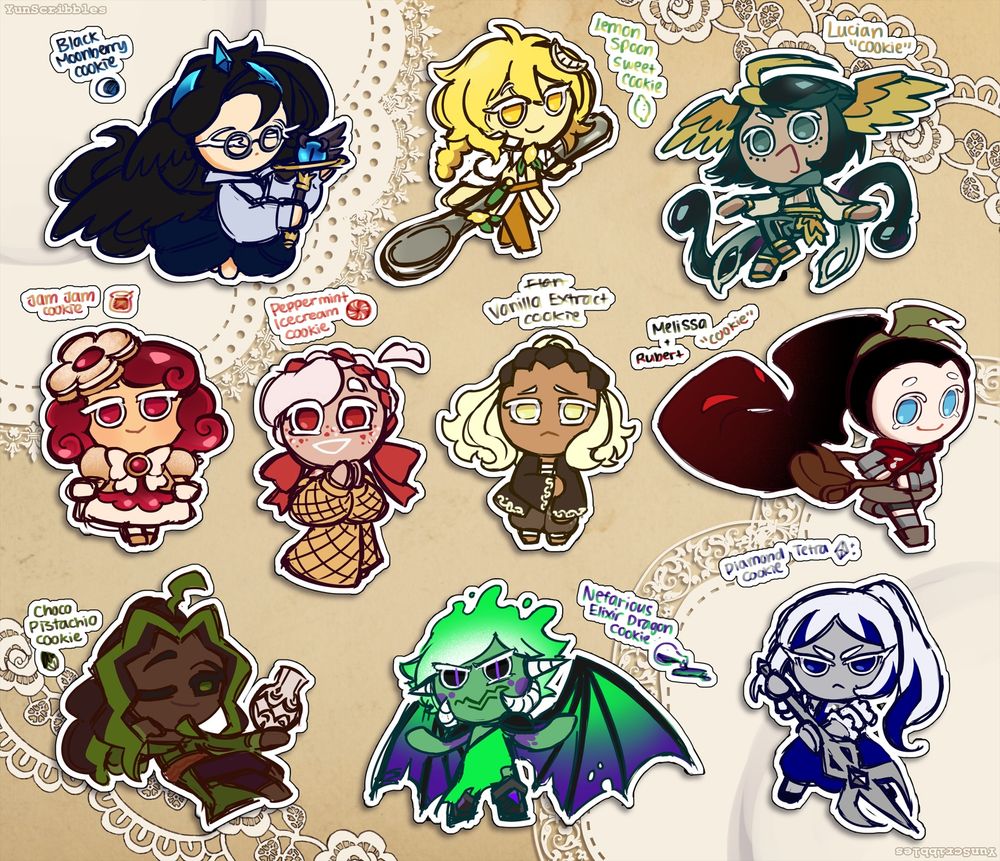 A collage of cookie run ocs for artfight, drawn in a sticker-like style