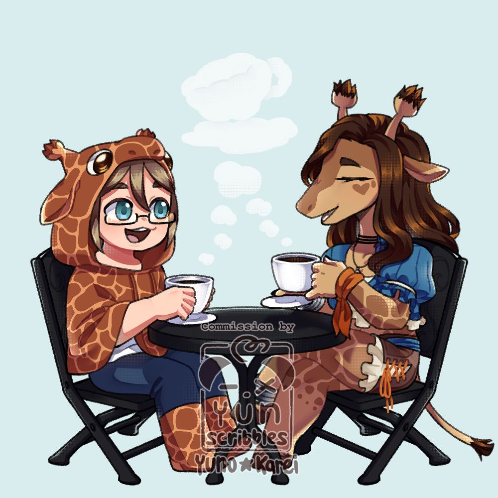A semi-chibi piece featuring a man in a giraffe cloak and a giraffe anthro lady enjoying a cup of coffee at a cafe table.
