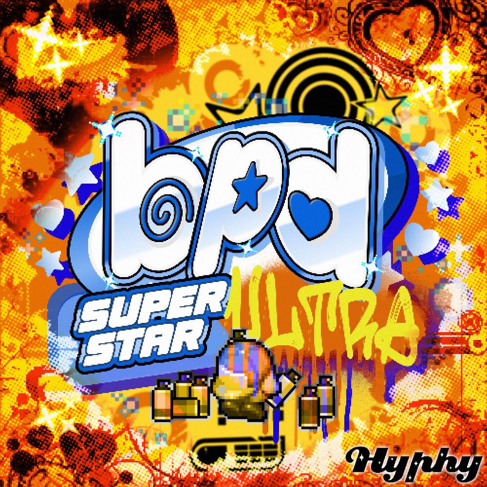 album art with orange and yellow pixelated grunge vomit on the sides, frutiger metro/flat design-style paint splats and vector graphics in the background, and "BPD SUPERSTAR" in blue bubble letters (reminiscent of late 2000s Kirby games) & "ULTRA" spray painted in orange and yellow by backwards-hat Kirby over part of the blue lettering. spray paint cans are strewn about him. a "Hyphy" logo in the bottom right corner in the Blingee logo font.