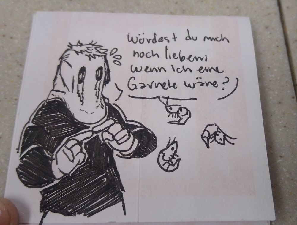 Doodle of König from Modern Warfare II. "Would you love me if I became a shrimp?" 