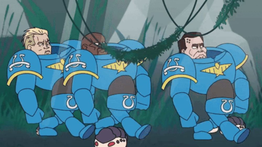 a cartoon drawing of a group of space marines walking