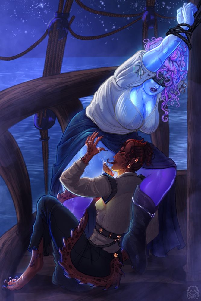 An image of the crow's nest of a pirate ship, with a backdrop of the night sky and ocean.

A semi-scaled, blueish-purple, plus size woman stands with her wrists bound above her head and tied to the ship's mast. Her pinkish-purple curly hair is spilling down from her head, and she is blindfolded. Purple scars rope around her body. She is wearing a white peasant top with a dark blue skirt and black boots. One of her legs is draped over the shoulder of the person below her, and she looks aroused at what the person is doing.

A red draconic person with horns, scales, and a dragon tail and feet sits on the ground. His forked tongue is licking the clit of the woman, and his tail is plunging inside her wet pussy. He is dressed in pirate clothing with gold jewelry and piercings, and he is holding the woman's skirt out of the way. His chest glows, and so does the skin of the woman.