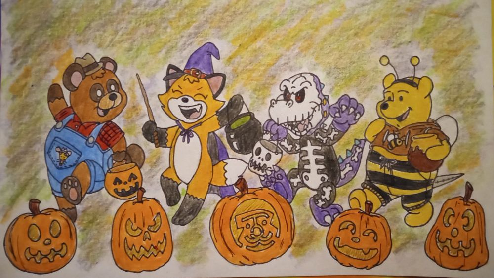 Tommie dressed as Pete Opossum, Vickie dressed as a witch, Fungi dressed as a skeleton, and Pooh dressed as a bee going trick-or-treating as they passing by some jack-o-lanterns