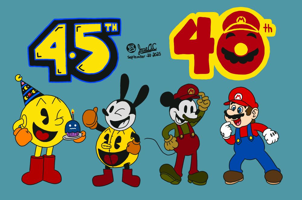 Oswald the Lucky Rabbit dresses up as PAC-MAN to celebrate his 45th anniversary while Mickey Mouse dresses up as Mario for his 40th anniversary