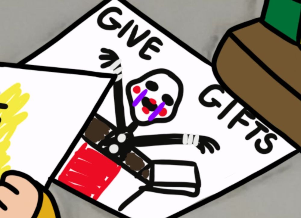 A doodle of the puppet popping out of a prize box with "GIVE GIFTS"  written over