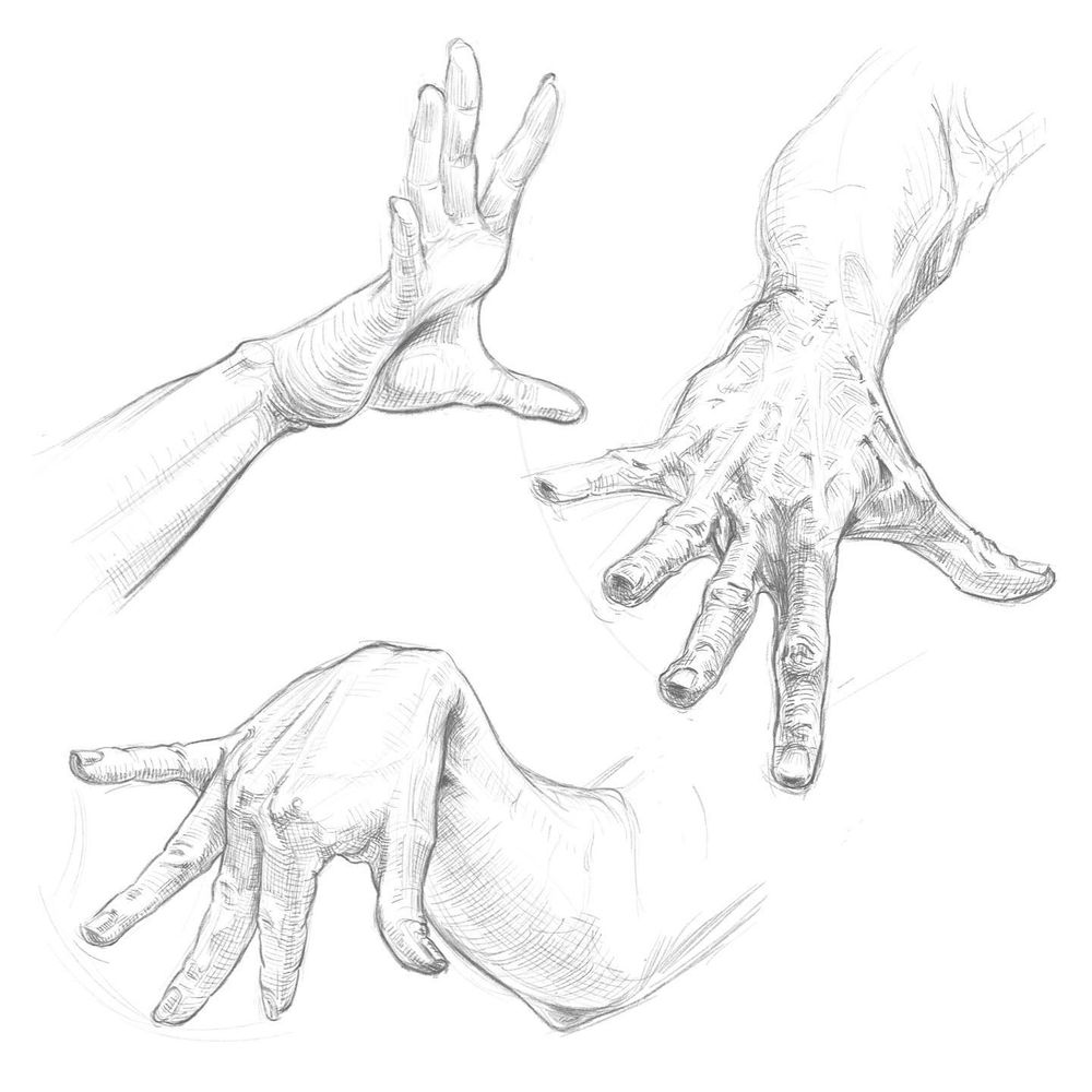 Three drawings of hands, shaded with hatching.