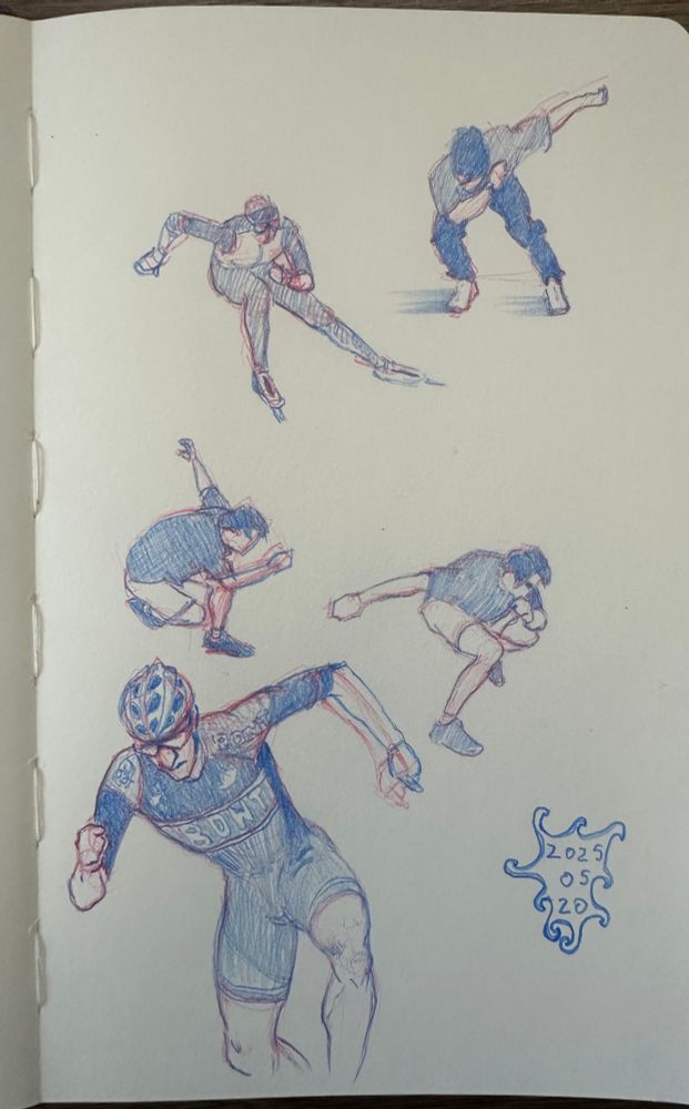 Several sketches of speedskaters drawn with red and blue colored pencil